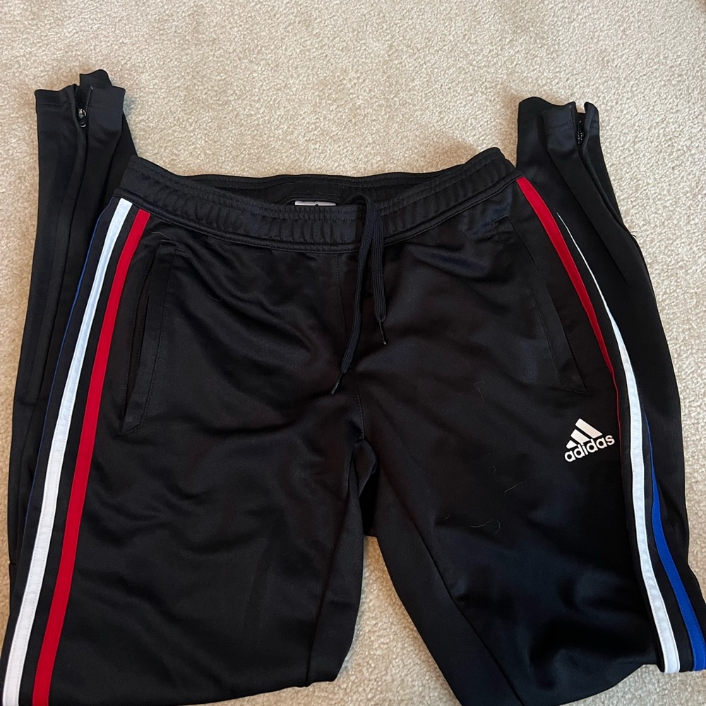Adidas Kids Black Track Pants with Red and Blue Stripes